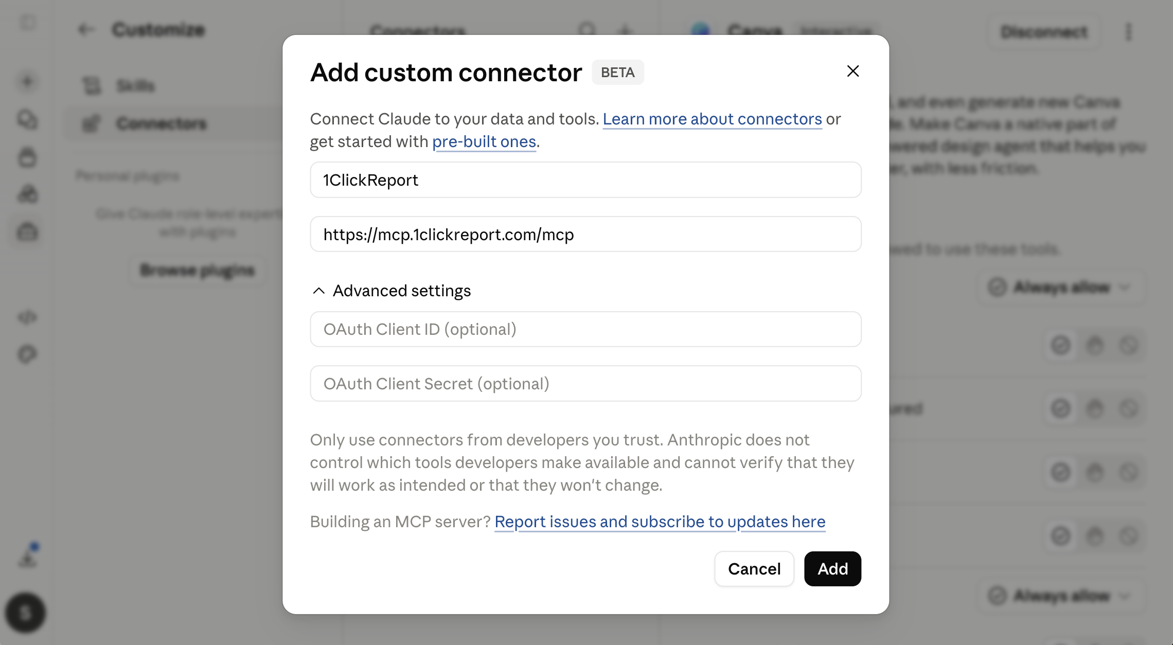 Add custom connector — paste mcp.1clickreport.com/mcp