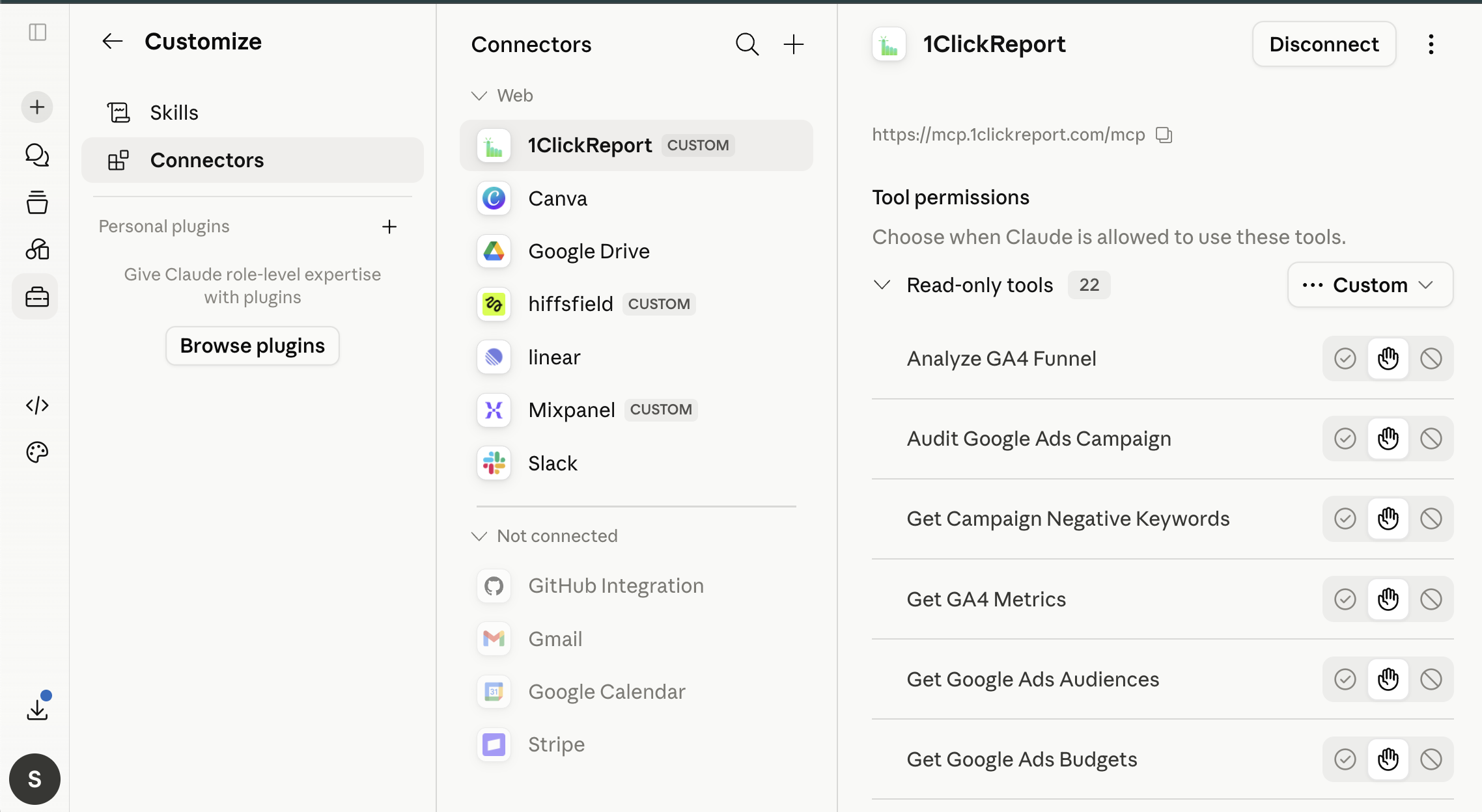 1ClickReport connected — choose tool permissions